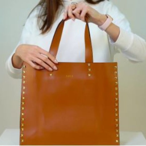 DASTI Studded Cognac Tote Bag Double Handed, Brown - Picture 1 of 6
